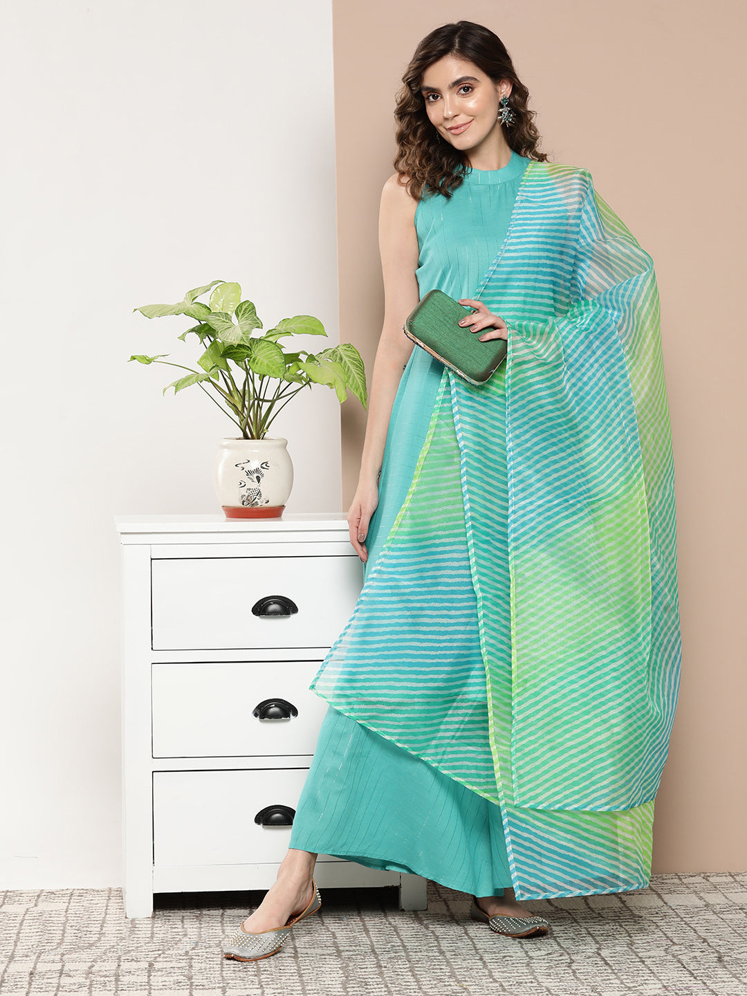 InWeave Women's Teal Lurex Boho Kurta Set With Aqua Leh Organza Dupatta | Grocsy