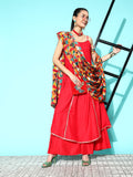 InWeave Women's Red Gota Strappy Set With Multi Foil Muslin Dupatta | Grocsy