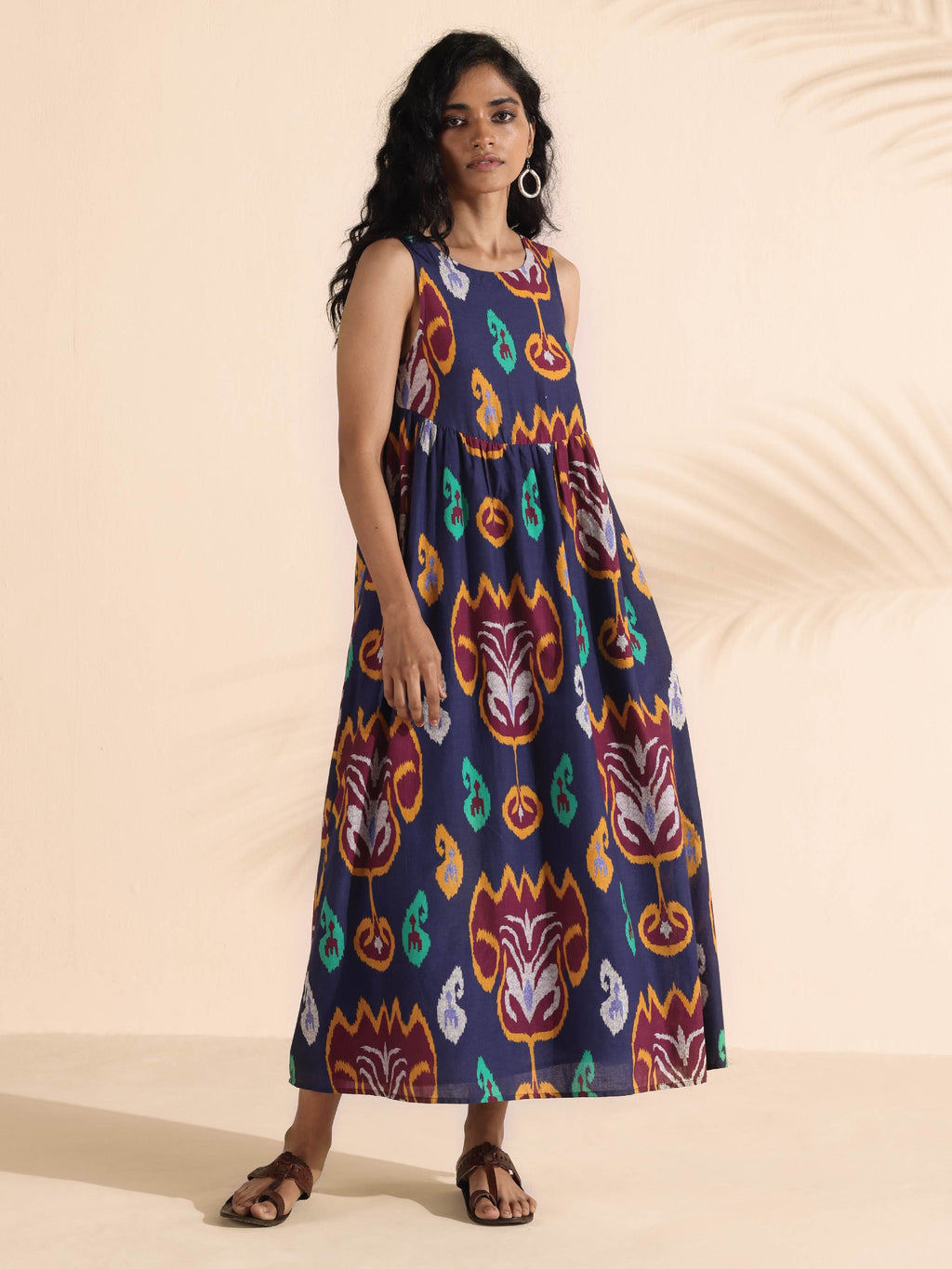 trueBrowns Purple Cotton Ikat Flared Dress | Grocsy