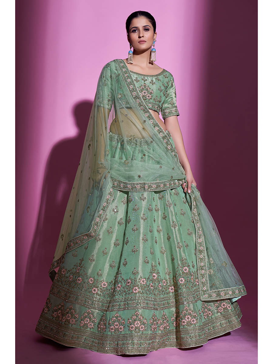 Myra Pista Green Gota Silk Embroidered Designer Lehenga Choli | Grocsy