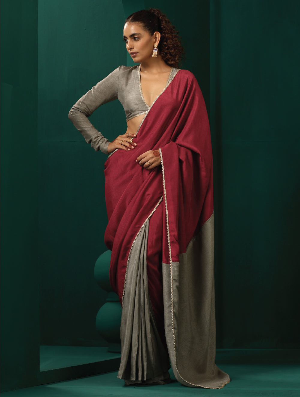trueBrowns Grey Maroon Silk Ready to Wear Saree | Grocsy