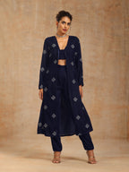 trueBrowns Midnight Blue Velvet Embroidered Jacket Set | Grocsy