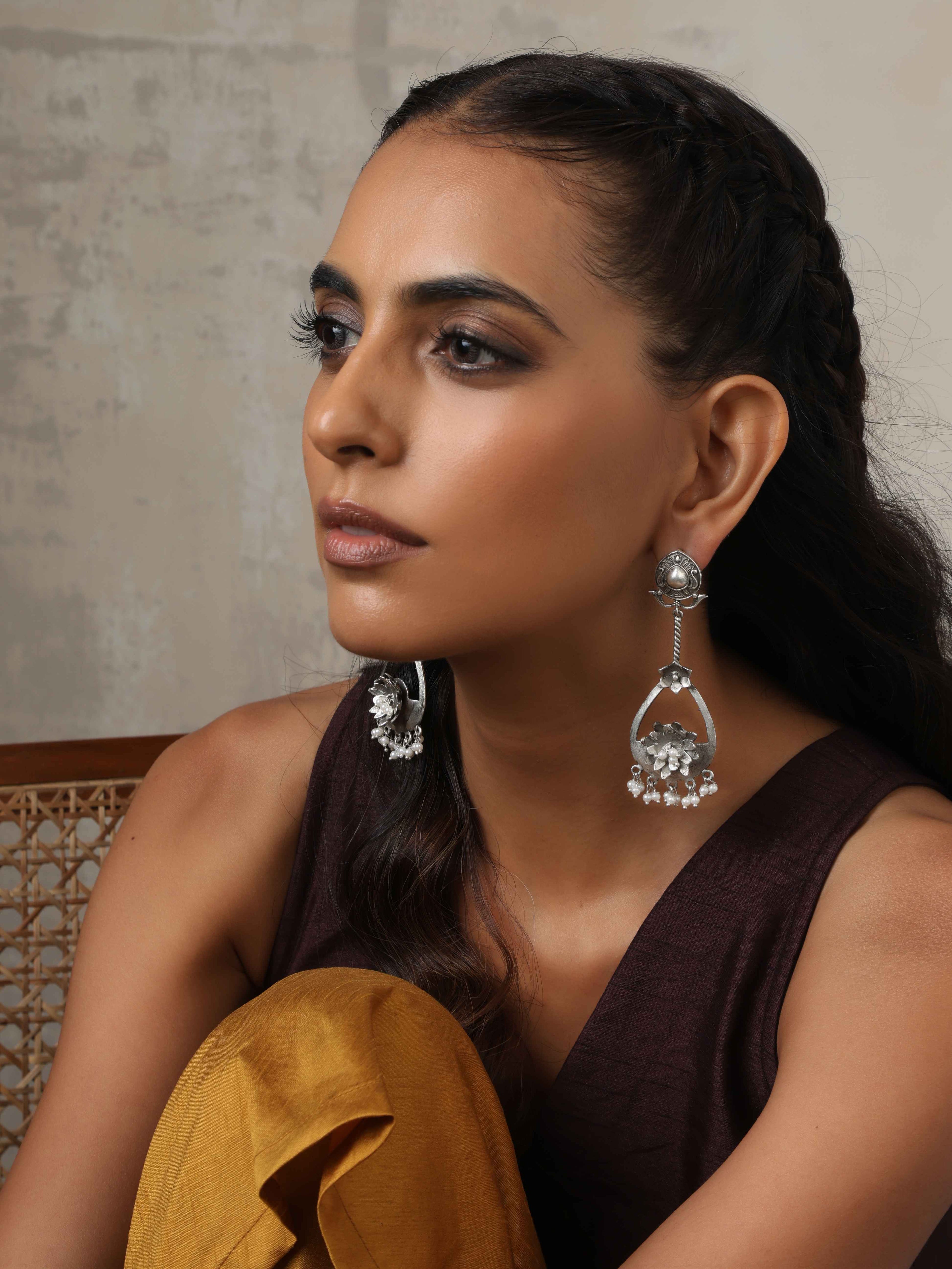 trueBrowns Silver Tone Floral Chandbaali Earrings | Grocsy