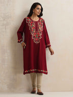trueBrowns Maroon Kashmiri Embroidered Woollen Phiran Kurta | Grocsy