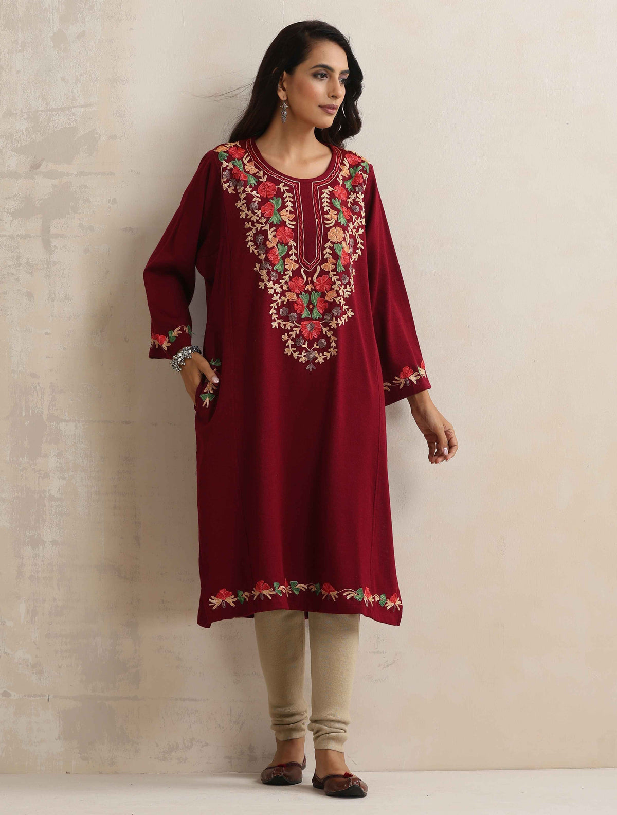 trueBrowns Maroon Kashmiri Embroidered Woollen Phiran Kurta | Grocsy