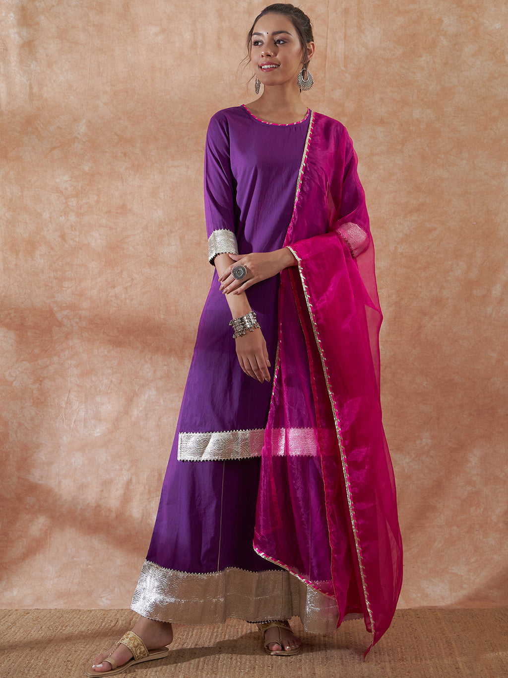 InWeave Women's Purple Gota Work Anarkali Kurta Set W Dupatta | Grocsy