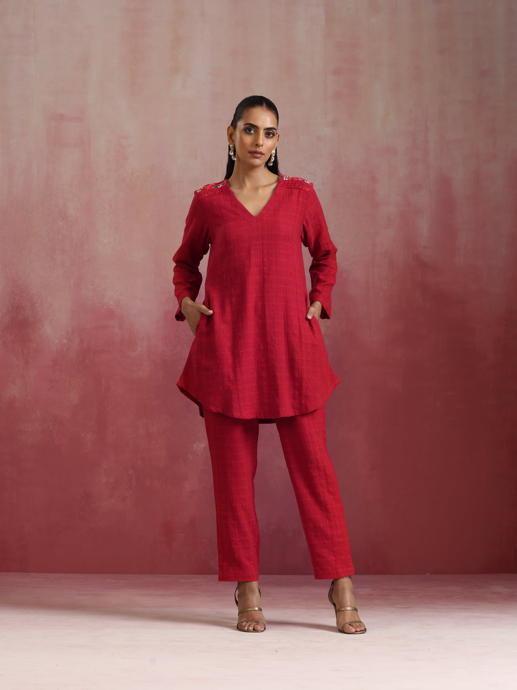 trueBrowns Red Cotton Dobby Kurta Co-ord set | Grocsy