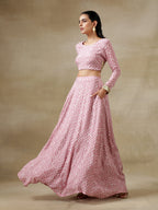 trueBrowns Light Mauve Bandhani Printed Silk Top Skirt Set | Grocsy