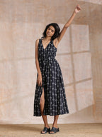 trueBrowns Black White Geometric Print Cotton Sleeveless Wrap Dress | Grocsy