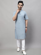 Even Apparels Blue Pure Cotton Kurta With Band Collar | Grocsy