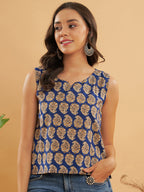 InWeave Ink Blue Small Paisley Kalamkari W/U Top | Grocsy