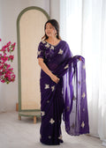 Evanik Purple Mos Silk With Handwork Butterfly Design Saree With Unstitched Blouse | Grocsy