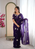 Evanik Purple Mos Silk With Handwork Butterfly Design Saree With Unstitched Blouse | Grocsy