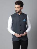 Even Apparels Men's Blue Nehru Jacket With Welt Pockets | Grocsy