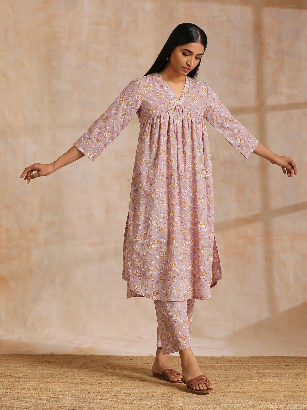 trueBrowns Grey Overall Floral Block Print Cotton Flared Slit Kurta Pant Set | Relove | Grocsy