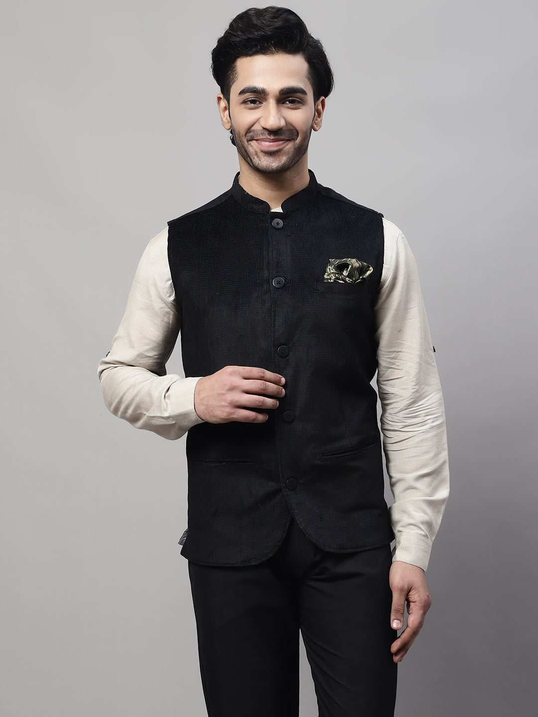 Even Apparels Men's Black Nehru Jacket With Welt Pockets | Grocsy