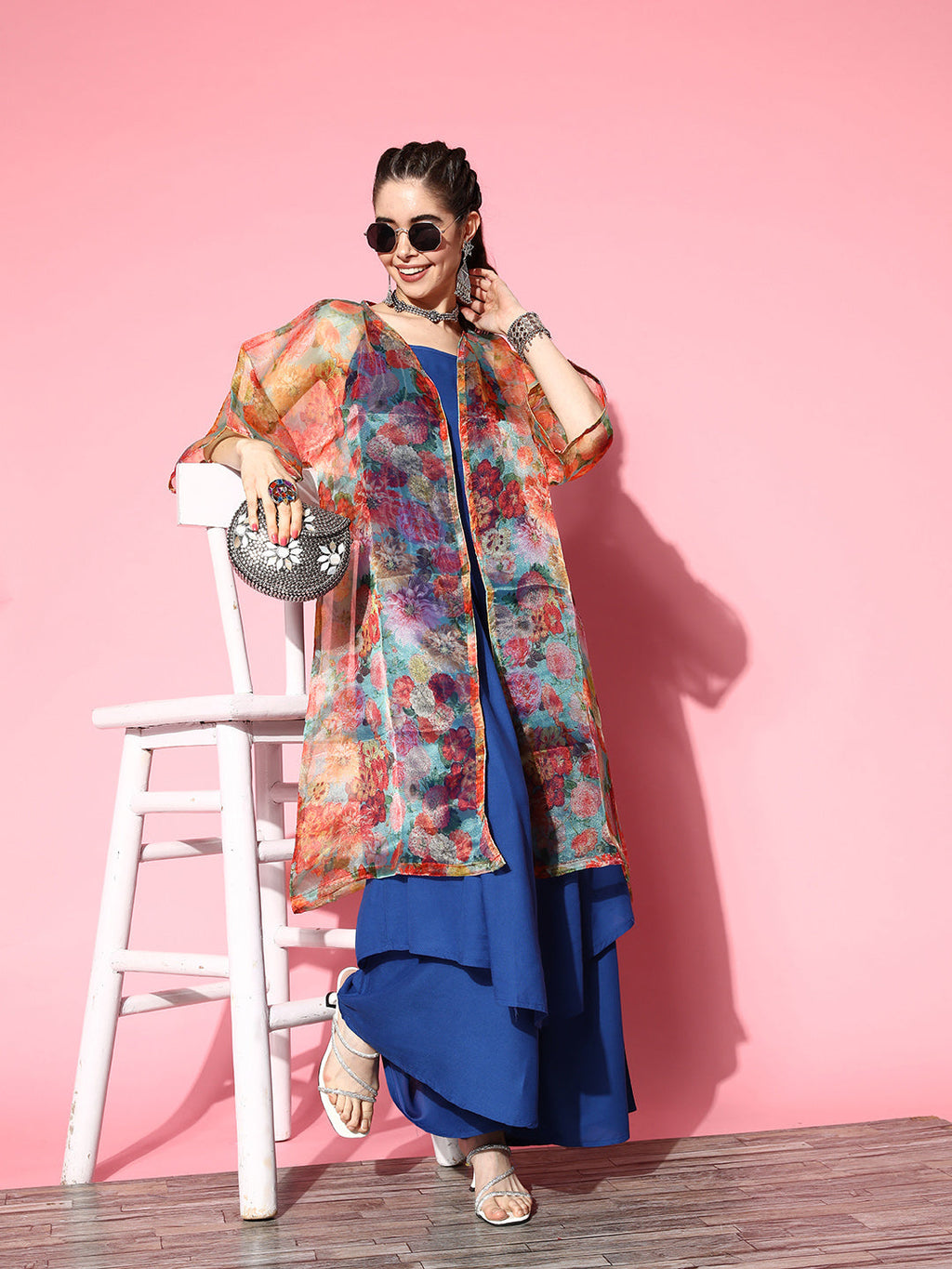 InWeave Ink Blue Strappy Set With Green Floral Long Organza Cape | Grocsy