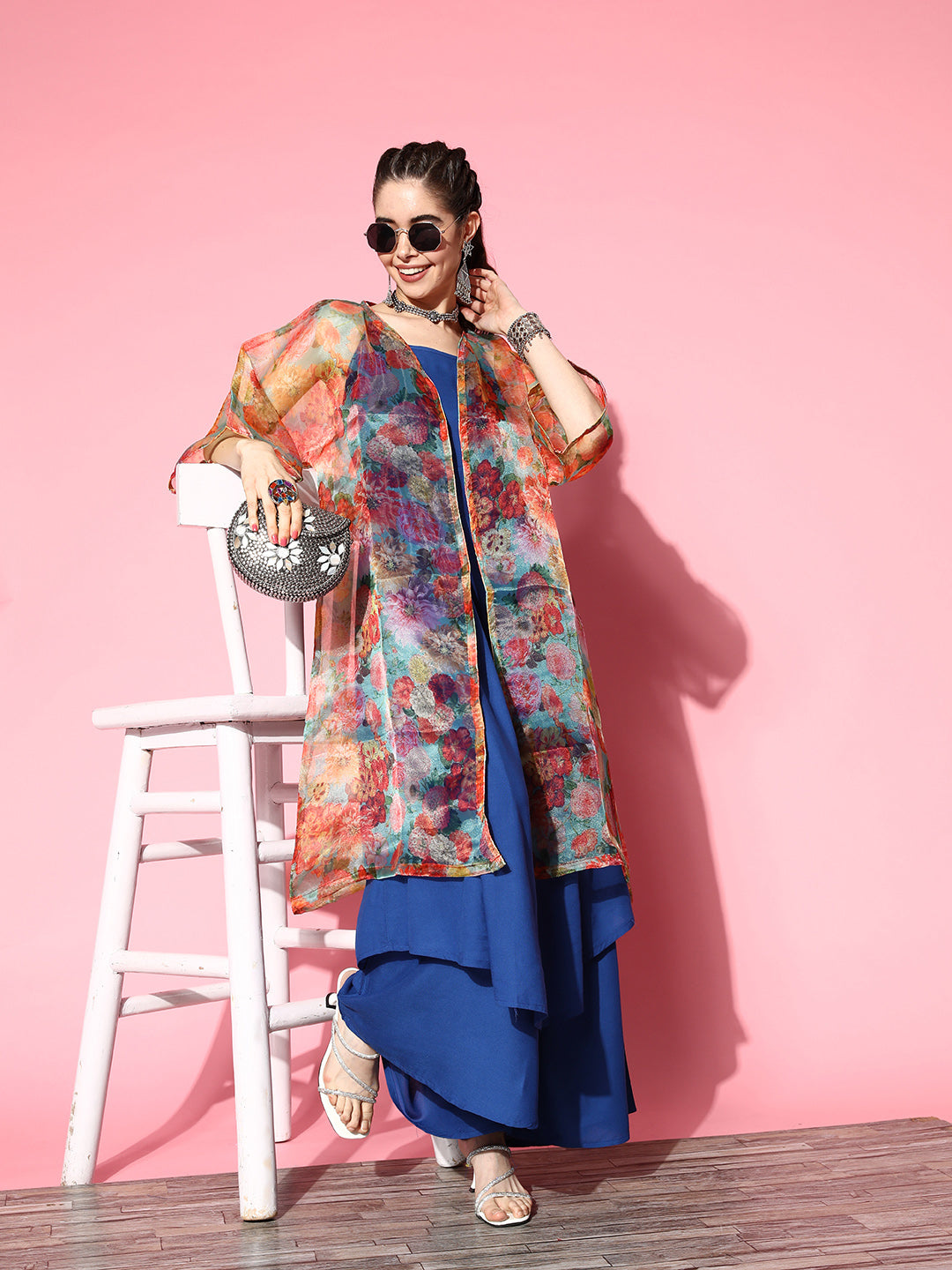 InWeave Ink Blue Strappy Set With Green Floral Long Organza Cape | Grocsy