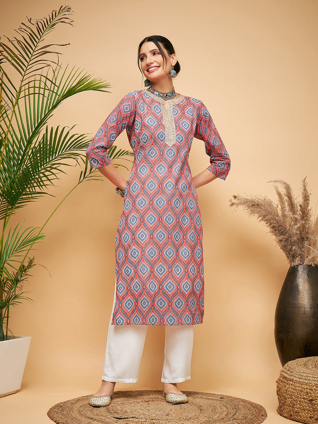 InWeave Women's Red Blue Ogee Print Gota Straight Kurta | Grocsy