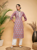 InWeave Women's Red Blue Ogee Print Gota Straight Kurta | Grocsy