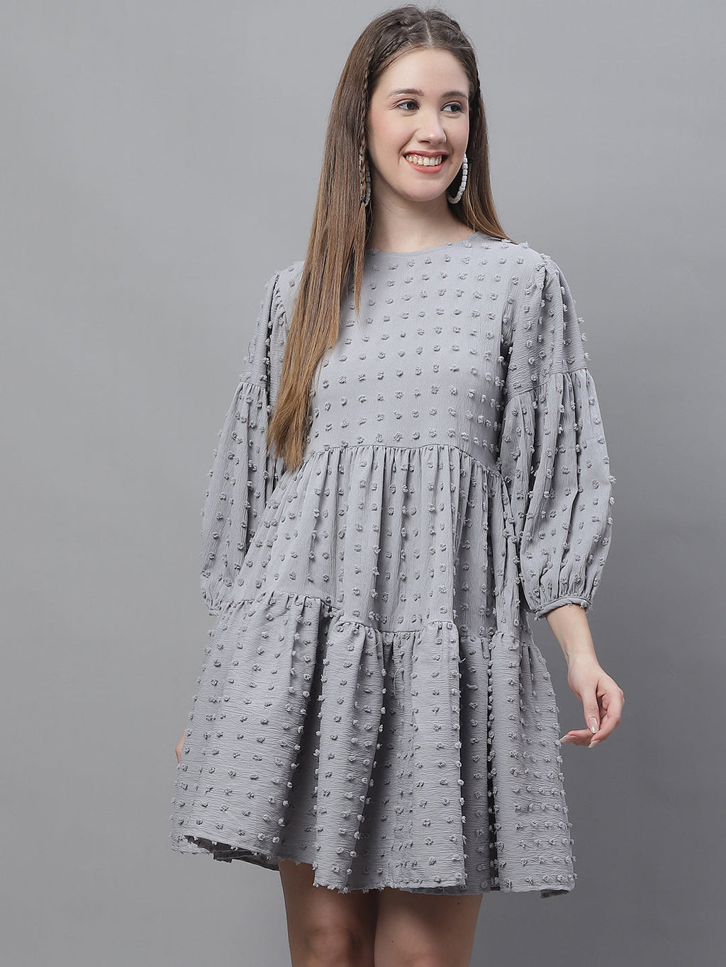 Jainish Women's Peach Self Design Tiered Dress | Grocsy