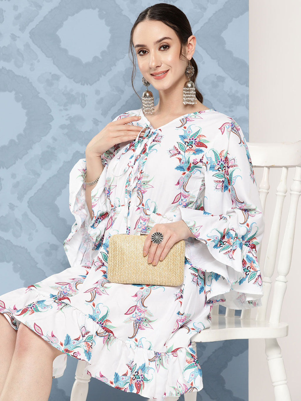 InWeave Women's White Floral Paisley Print Short Dress | Grocsy