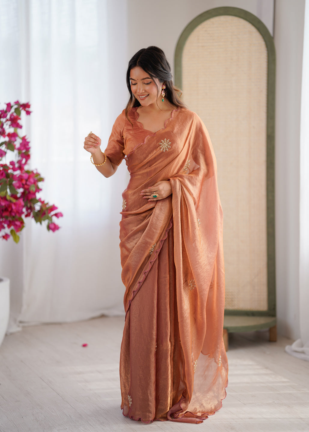 Evanik Designer Heavy Fendy Satin With Beads Embroidered Work Saree With Unstitched Blouse | Grocsy