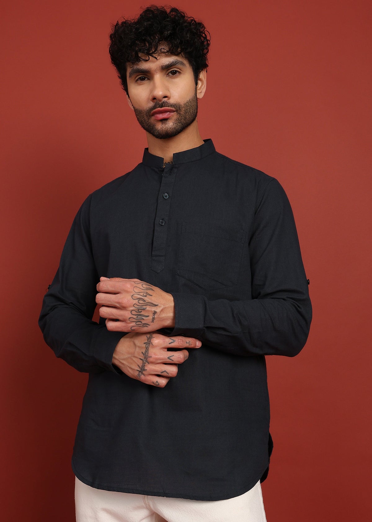 Fabmade Onyx Noir Mandarin Collar Short Kurta | Grocsy
