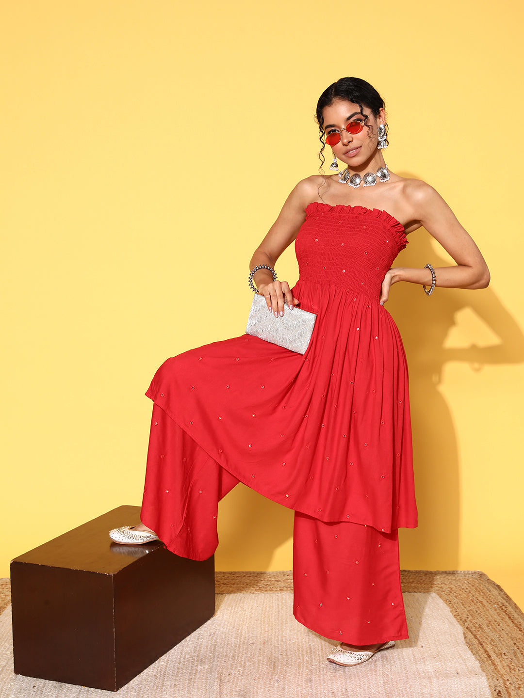 InWeave Women's Red Mirror Work Off Shoulder Kurta Set | Grocsy