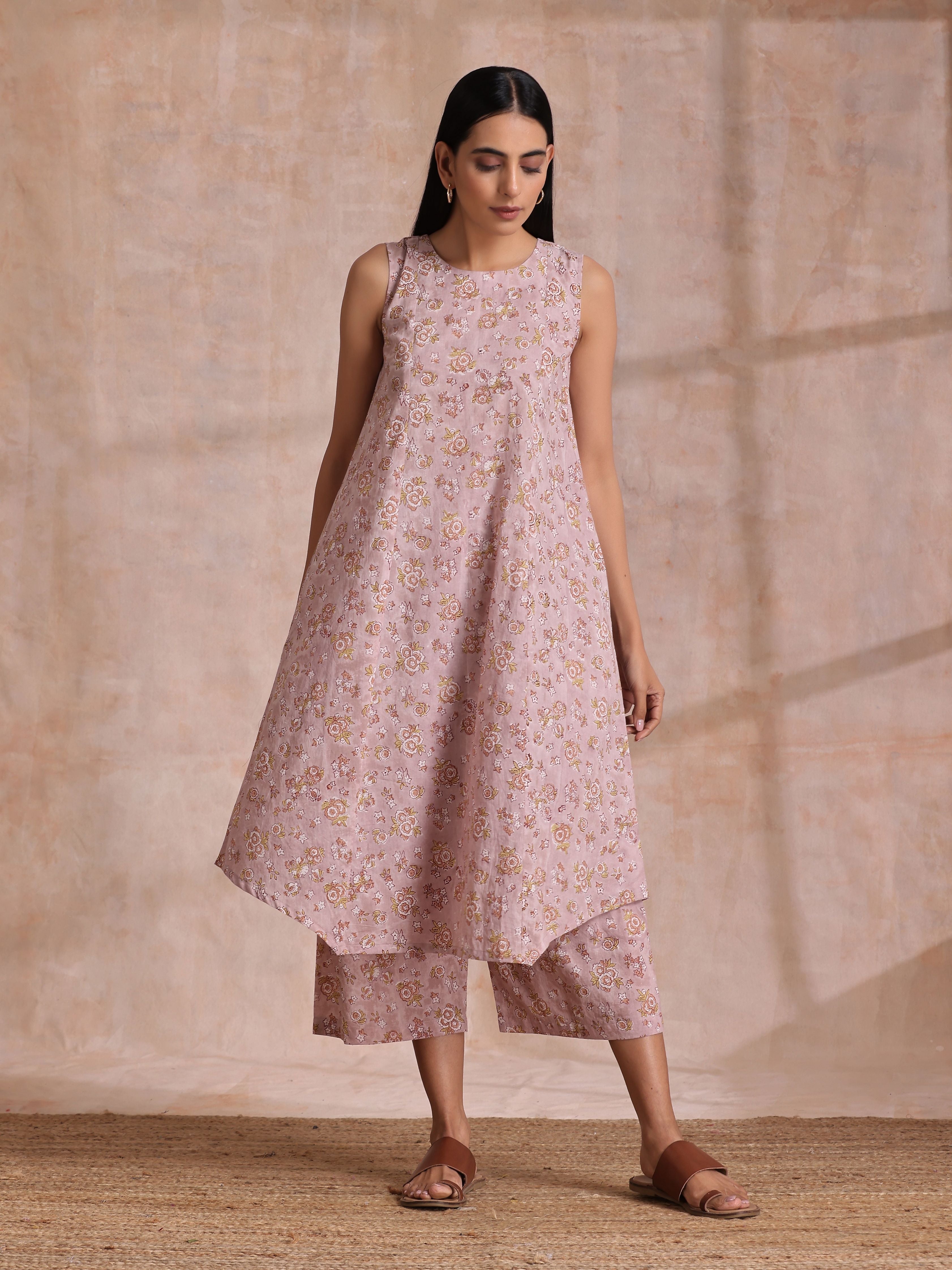 trueBrowns Grey Overall Floral Block Print Cotton High-Low Co-Ord Set | Grocsy