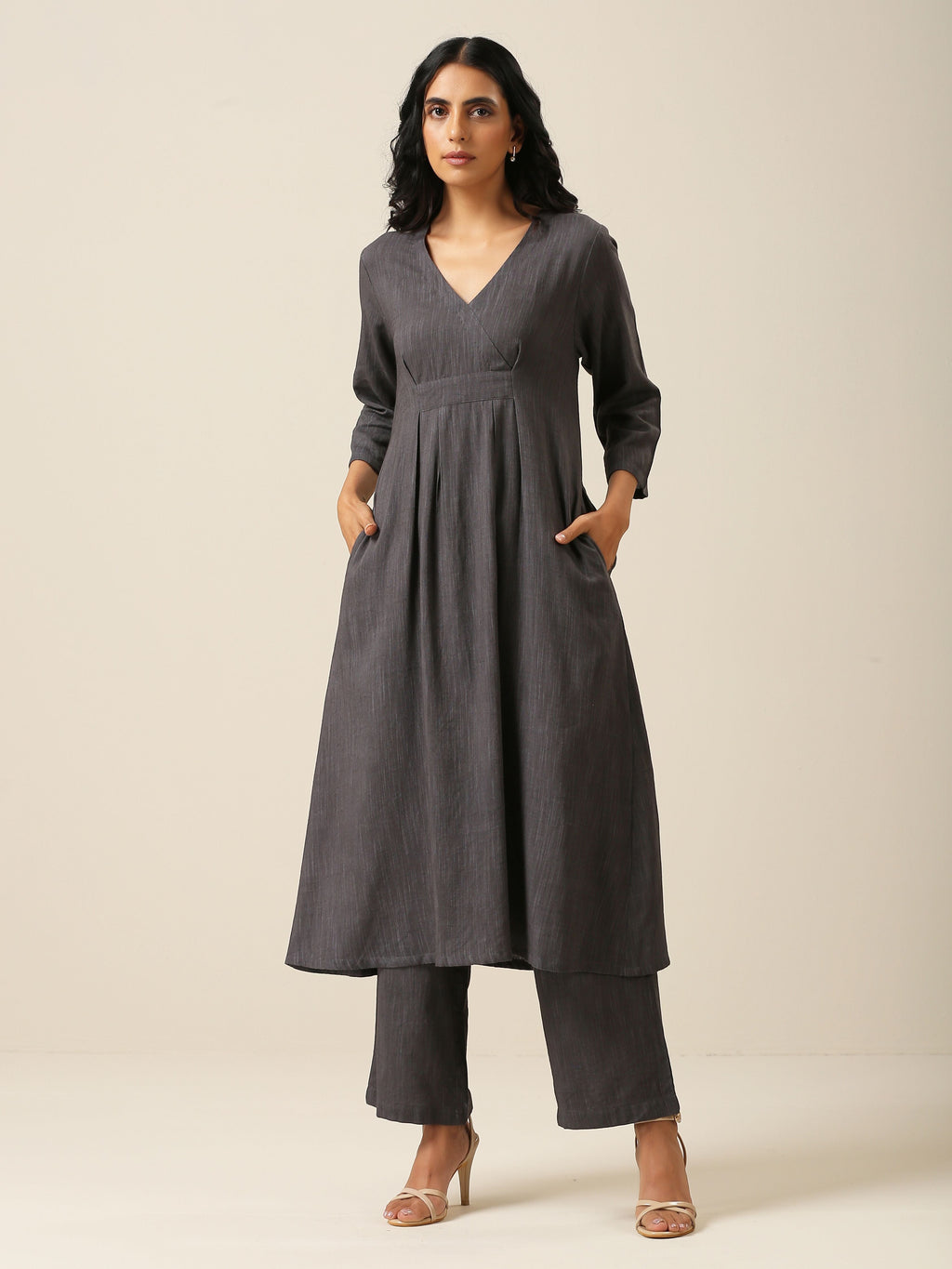 trueBrowns Slate Grey Slub Texture Overlap Pleat Kurta Pant Set | Grocsy