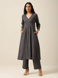 trueBrowns Slate Grey Slub Texture Overlap Pleat Kurta Pant Set | Grocsy