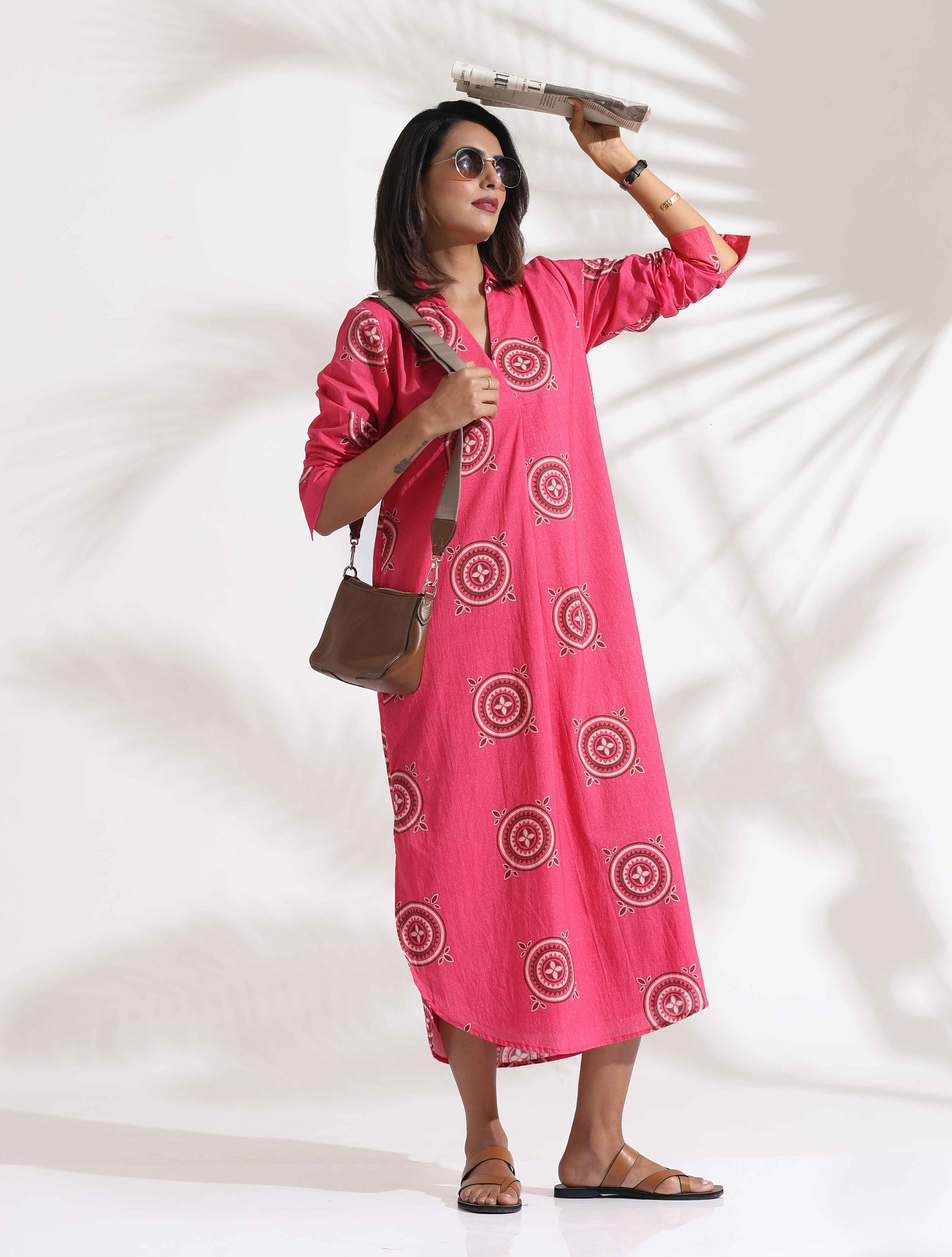 trueBrowns Pink Cotton Print A-line Dress | Grocsy