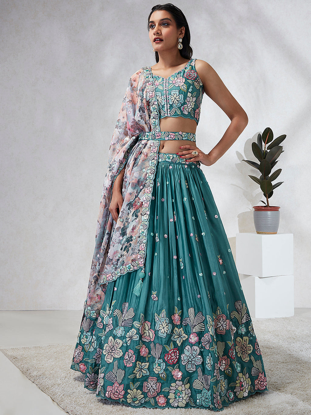 House of Panchhi Turquoise Blue Georgette Sequins And Thread Embroidery Lehenga Choli & Dupatta | Grocsy