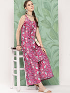 InWeave Women's Magenta Camelia Print Crepe Kurta Set | Grocsy