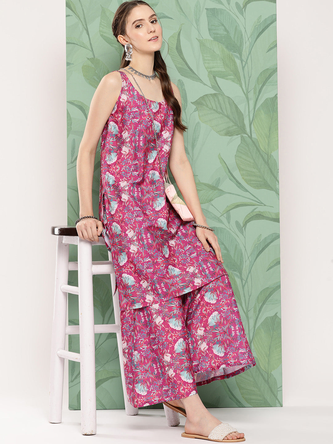 InWeave Women's Magenta Camelia Print Crepe Kurta Set | Grocsy