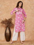 InWeave Women's Pink White Floral Square Lace Work Straight Kurta | Grocsy
