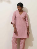 trueBrowns Pink Cotton Linen Kurta Co-Ord Set | Grocsy