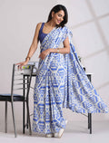 trueBrowns Blue Muslin Ikat Saree | Grocsy