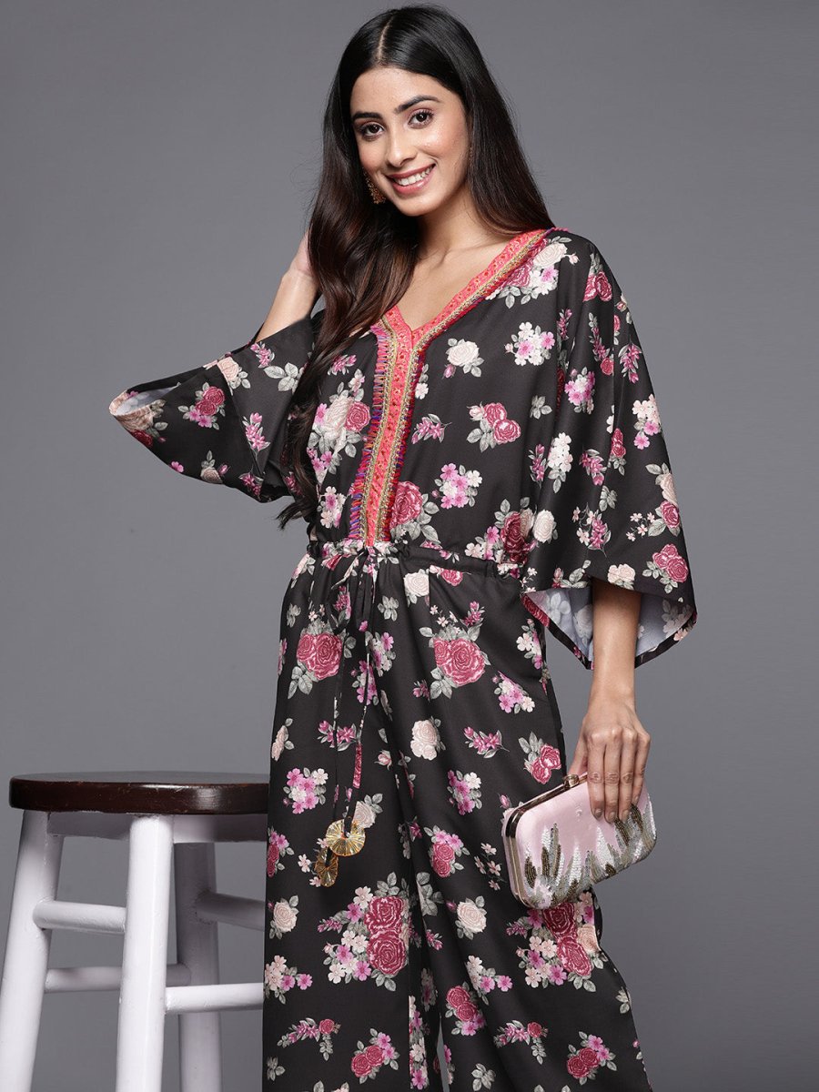 Ahalyaa Printed Crepe Basic Jumpsuit With Lace Inserts | Grocsy