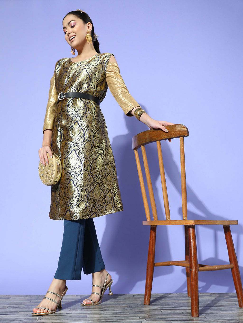 InWeave Women's Navy Brocade Jacket | Grocsy