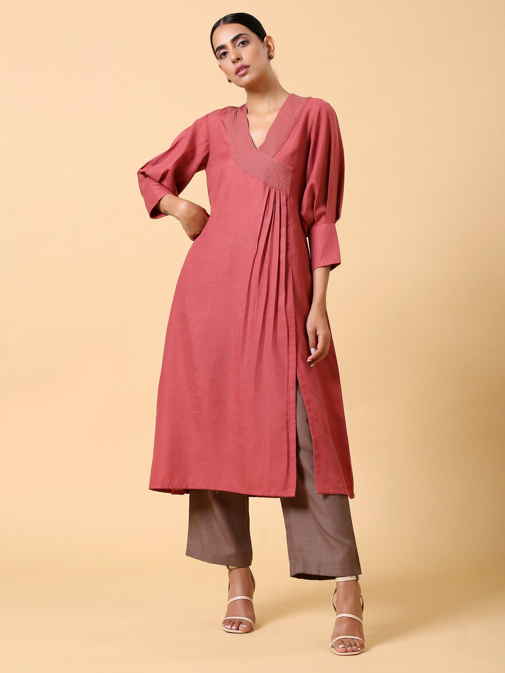 trueBrowns Cotton Linen Rust Red Kurta Pant Set | Grocsy