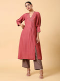 trueBrowns Cotton Linen Rust Red Kurta Pant Set | Grocsy