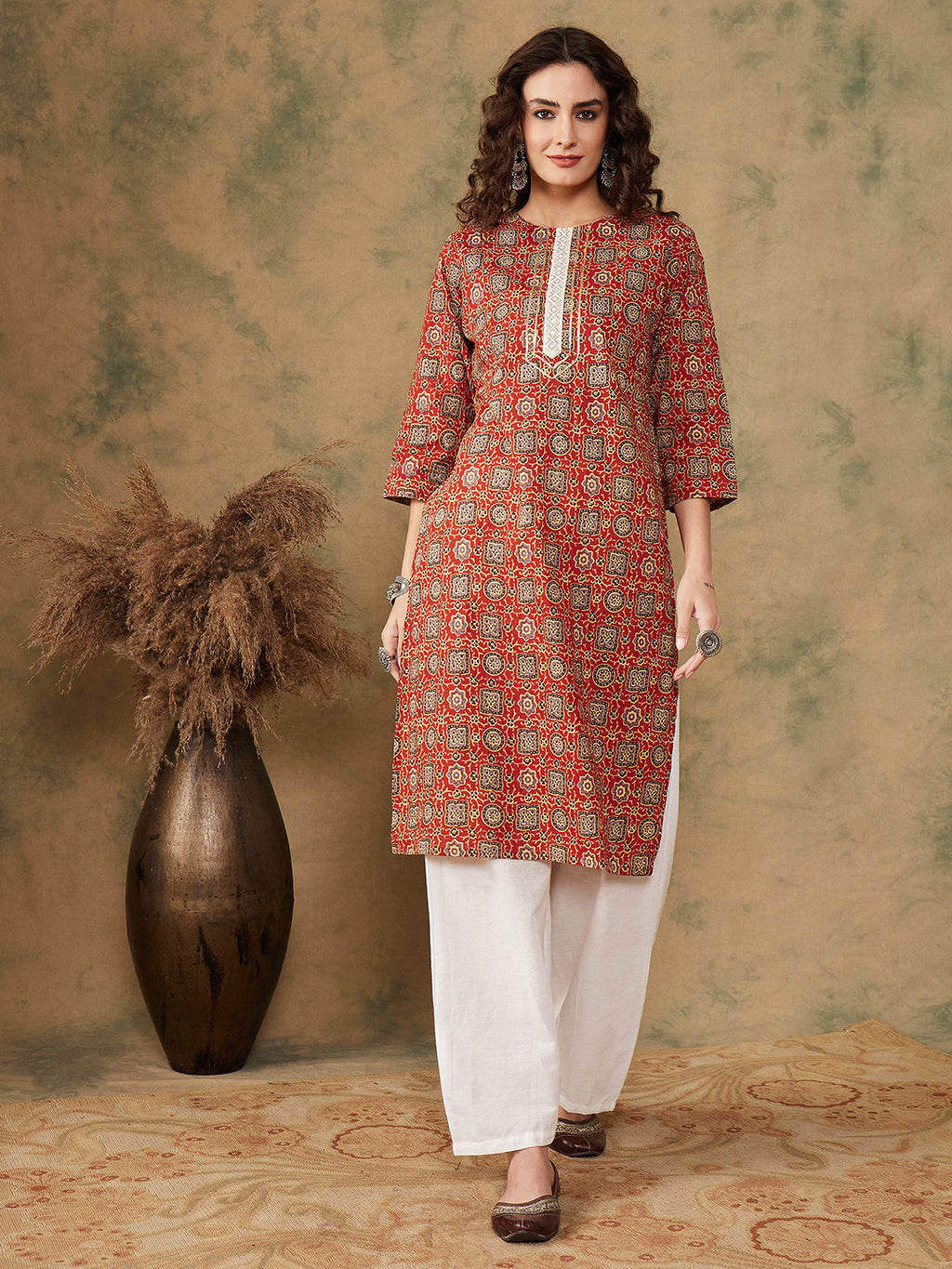 InWeave Women's Maroon Ethnic Print Lace Gota Work Straight Kurta | Grocsy