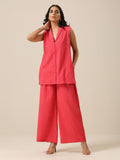 trueBrowns Bright Pink Slub Texture Sleevesless Jacket Pant Set | Grocsy