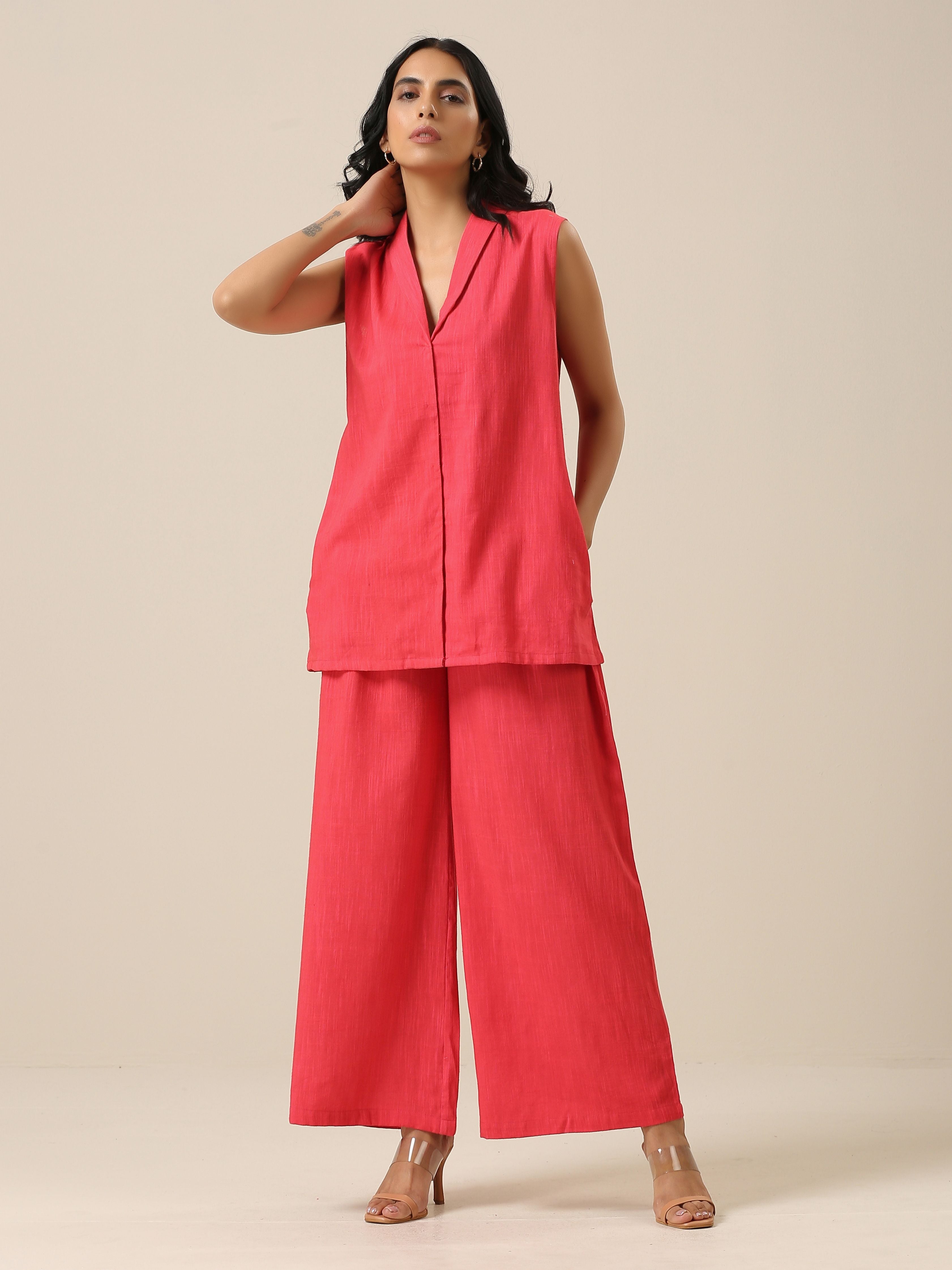 trueBrowns Bright Pink Slub Texture Sleevesless Jacket Pant Set | Grocsy