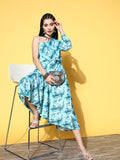 InWeave Women's Sea Blue One Shoulder Rayon Dress | Grocsy