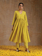 trueBrowns Lime Gold Cotton Kalidar Kurta Set | Grocsy