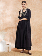 InWeave Women's Black Chikankari Long Anarkali Kurta Sharara Set | Grocsy