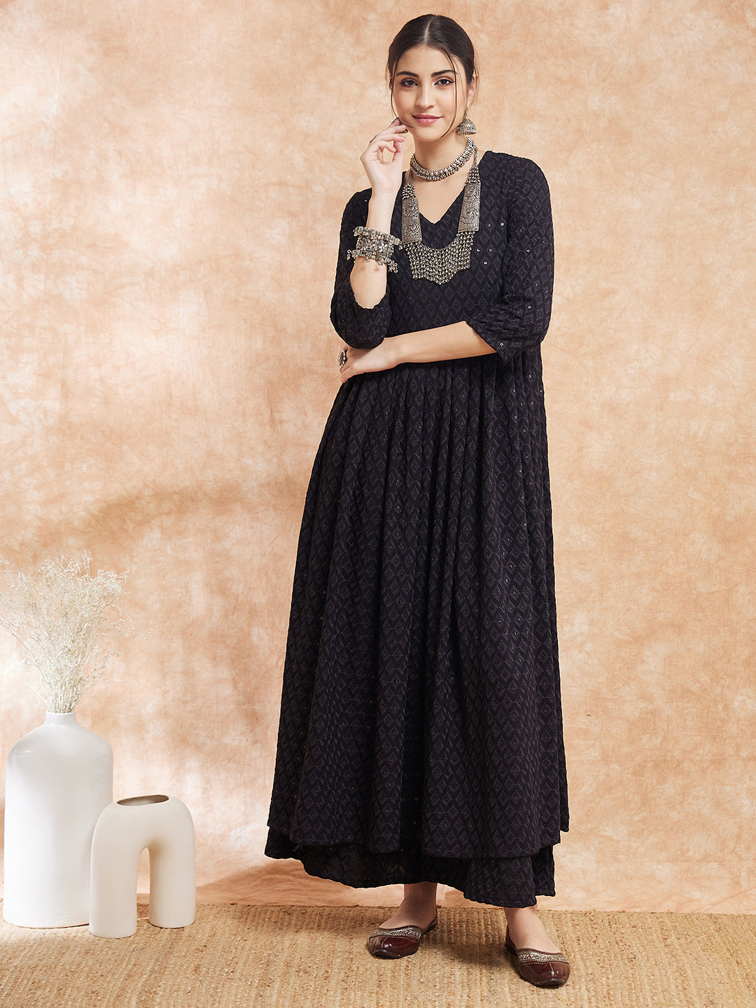InWeave Women's Black Chikankari Long Anarkali Kurta Sharara Set | Grocsy